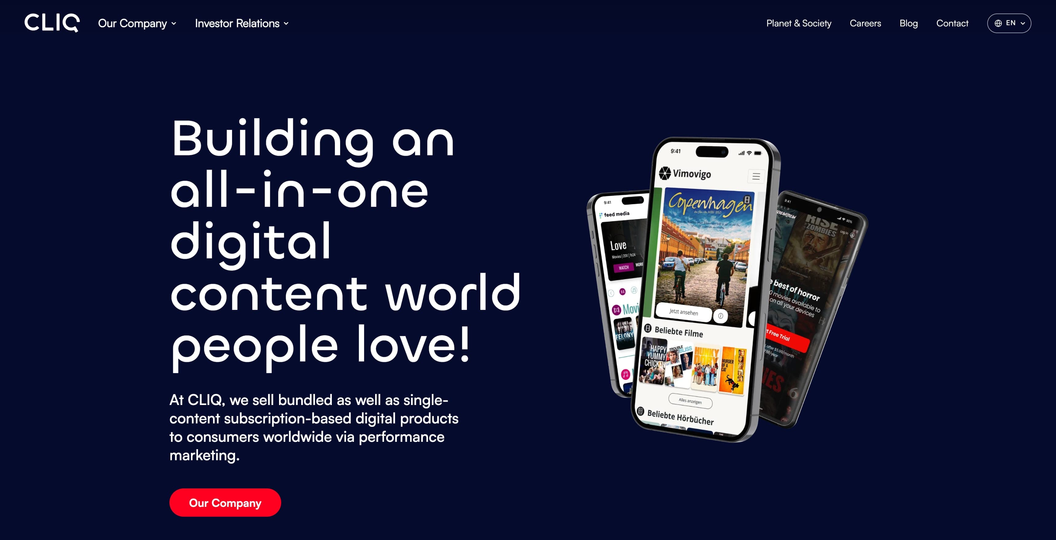 Homepage of the CLIQ Digital website on desktop