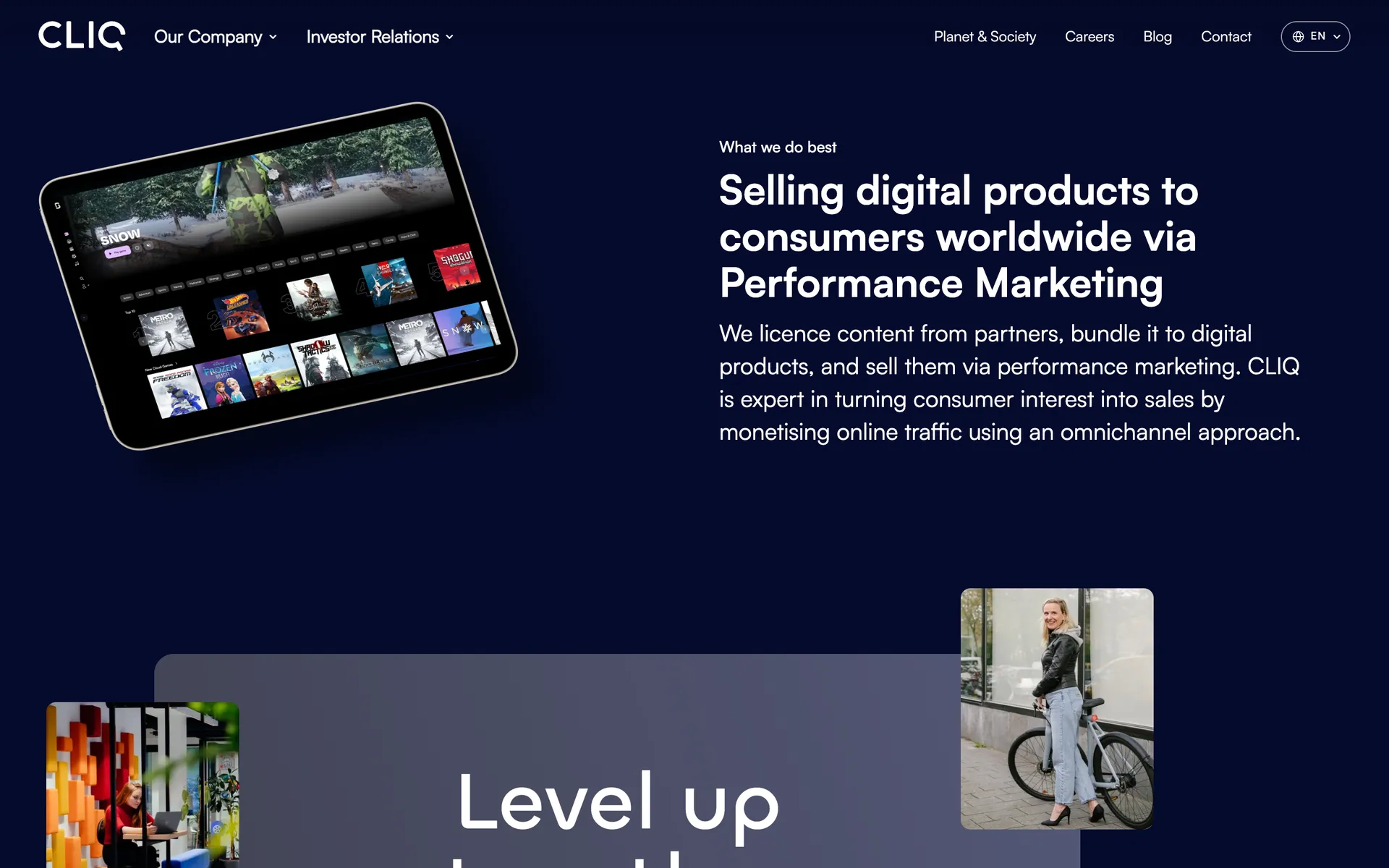 Desktop view of the CLIQ Digital website, section 1