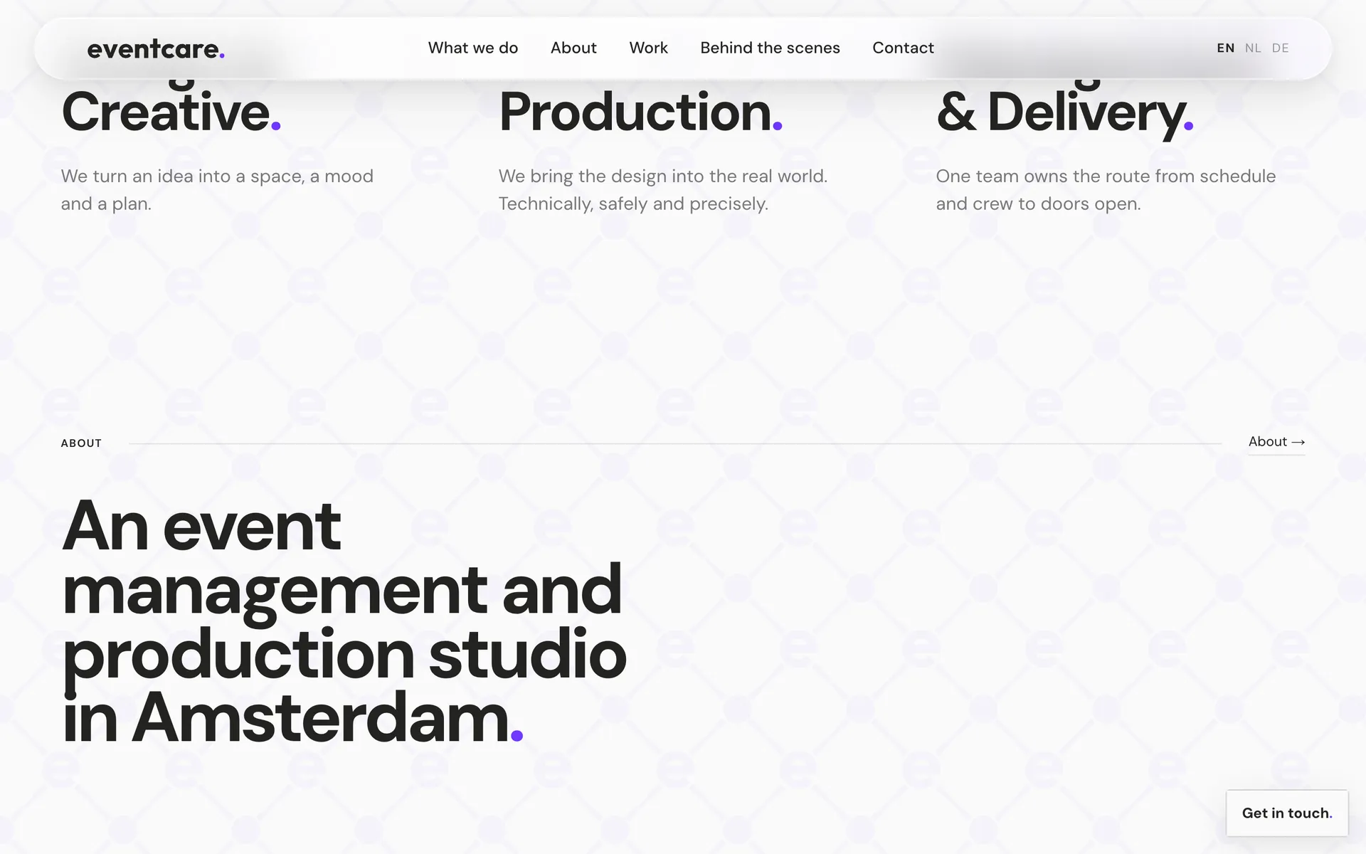 Desktop view of the Eventcare website, section 1