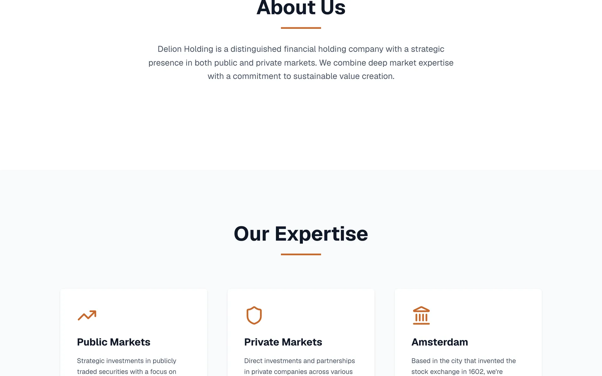 Desktop view of the Delion Holding website, section 1