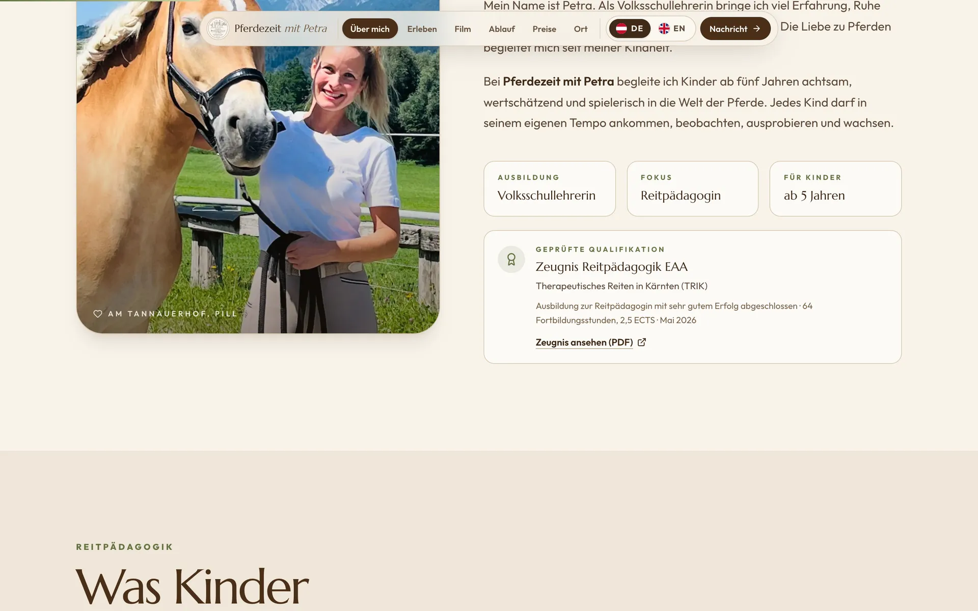 Desktop view of the Pferdezeit mit Petra website, section 2