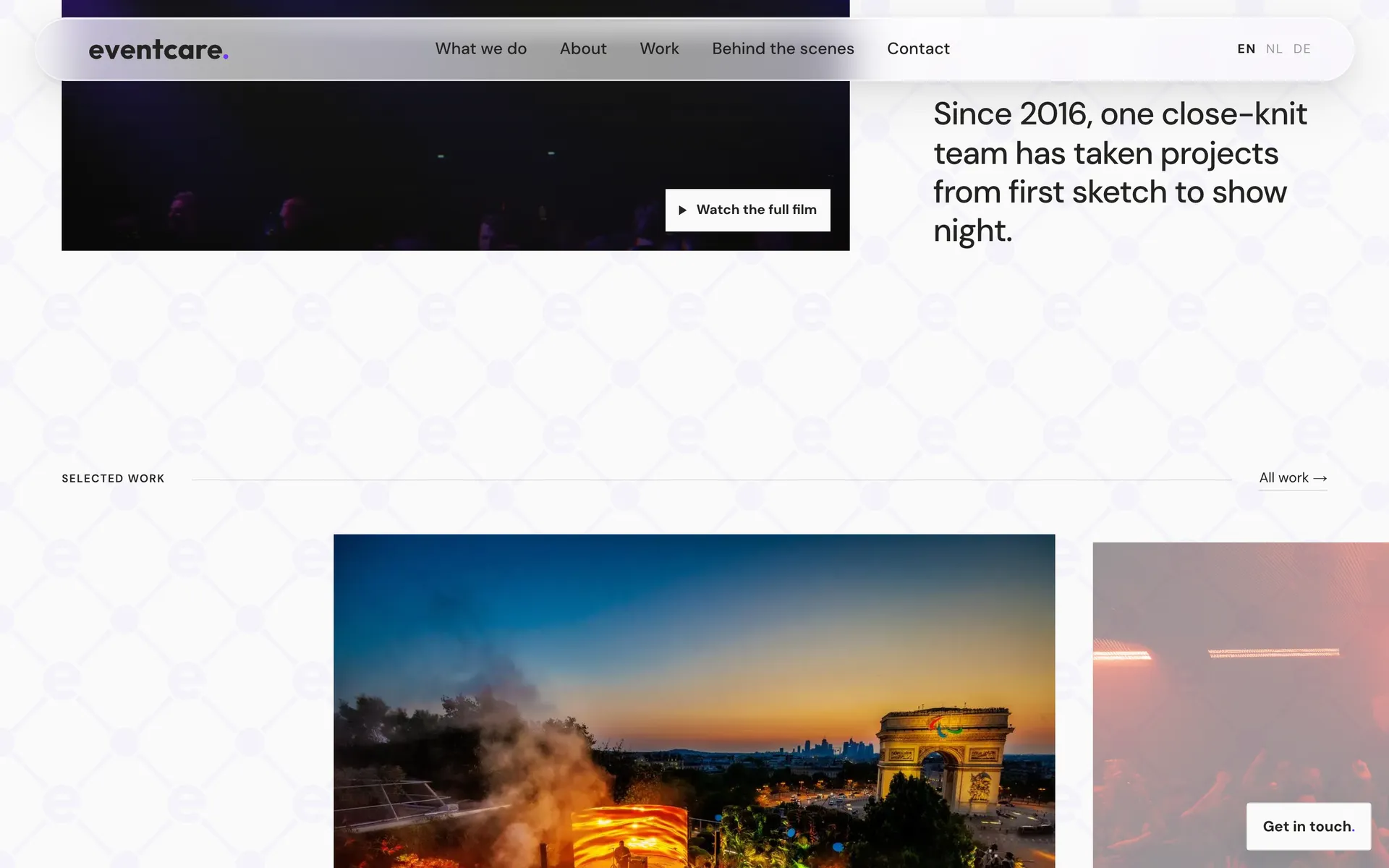 Desktop view of the Eventcare website, section 2