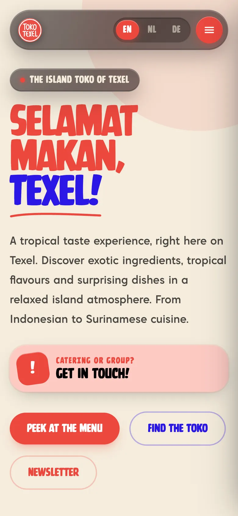 Mobile view of the Toko Texel website, screen 1