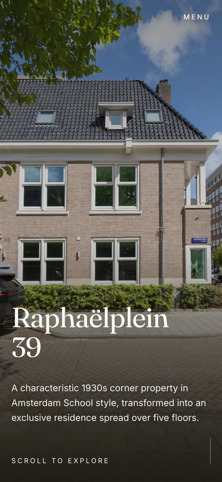 Mobile view of the Raphaëlplein 39 website, screen 1