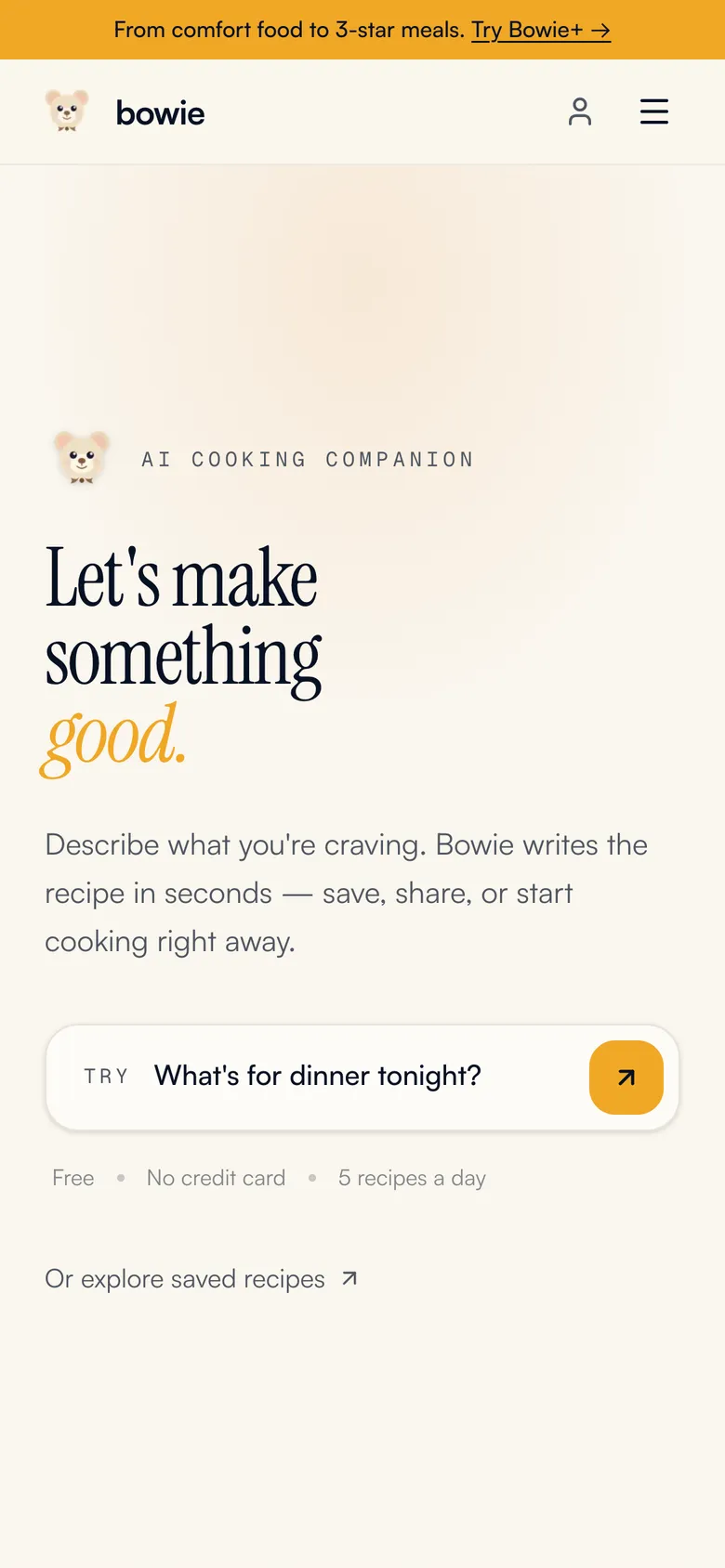 Mobile view of the Bowie website, screen 1