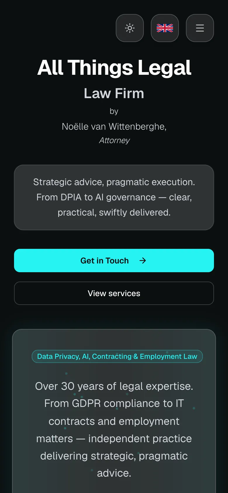 Mobile view of the All Things Legal website, screen 1
