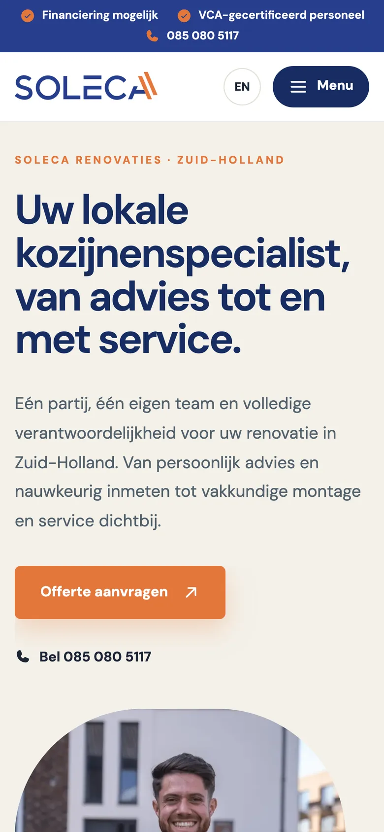 Mobile view of the Soleca website, screen 1