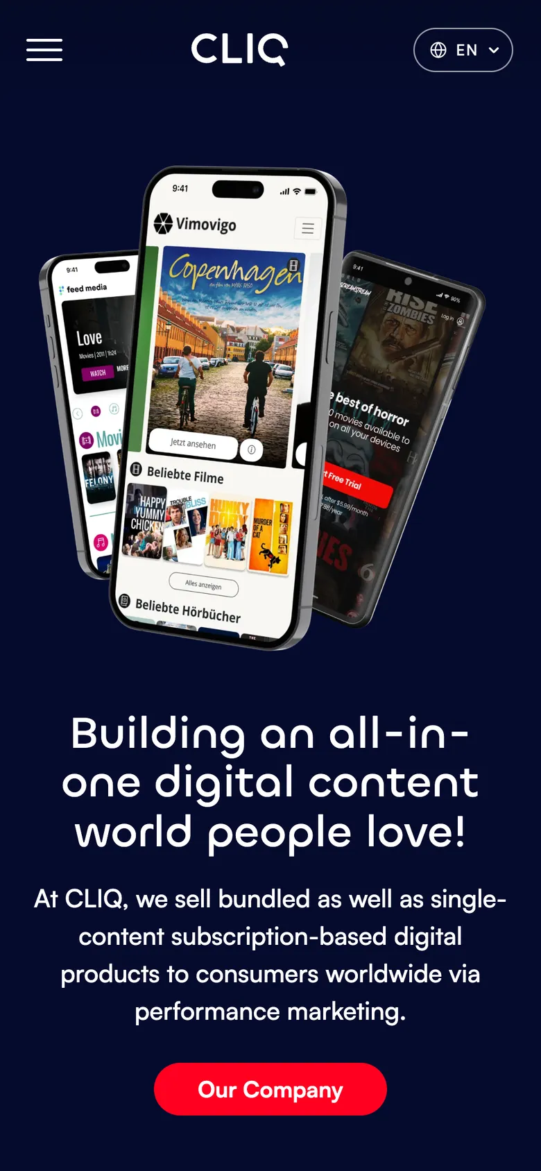 Mobile view of the CLIQ Digital website, screen 1