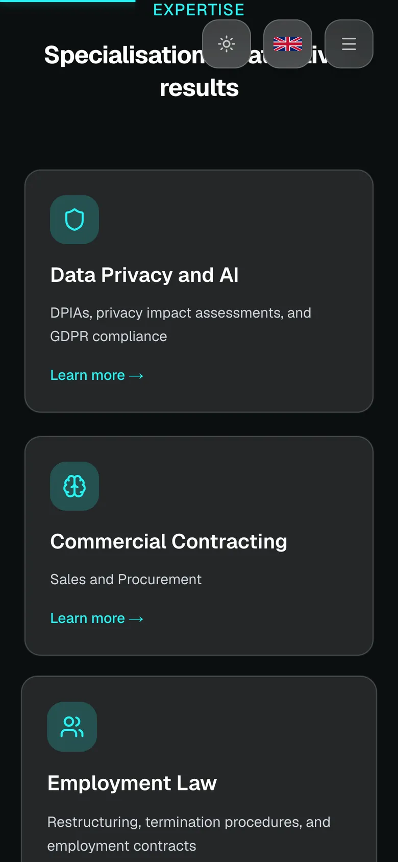 Mobile view of the All Things Legal website, screen 2