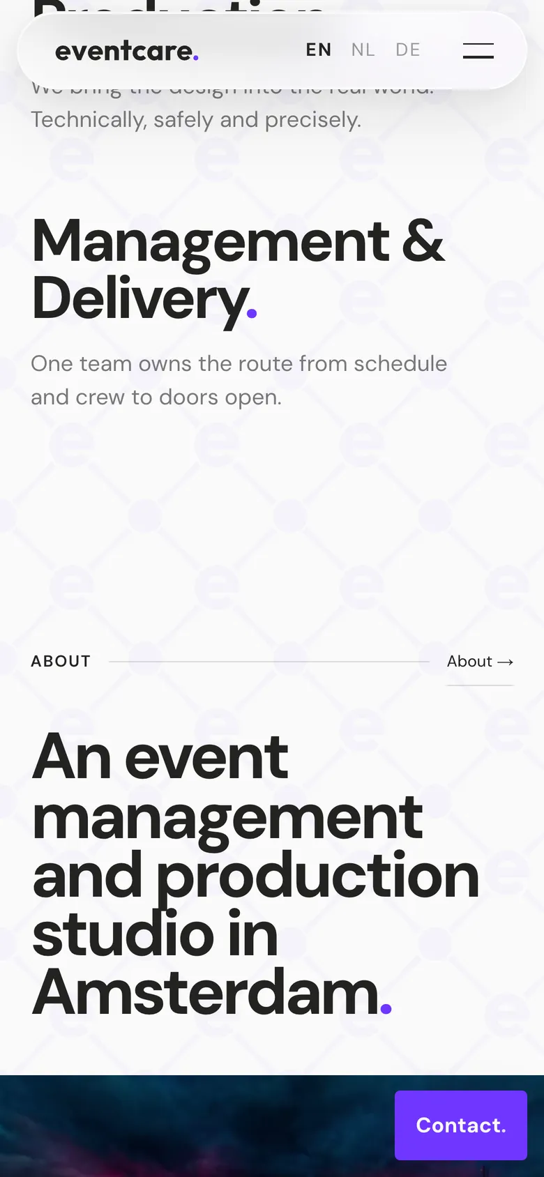 Mobile view of the Eventcare website, screen 2