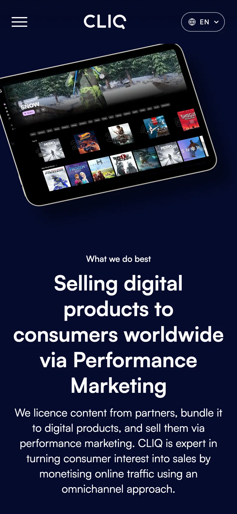 Mobile view of the CLIQ Digital website, screen 2