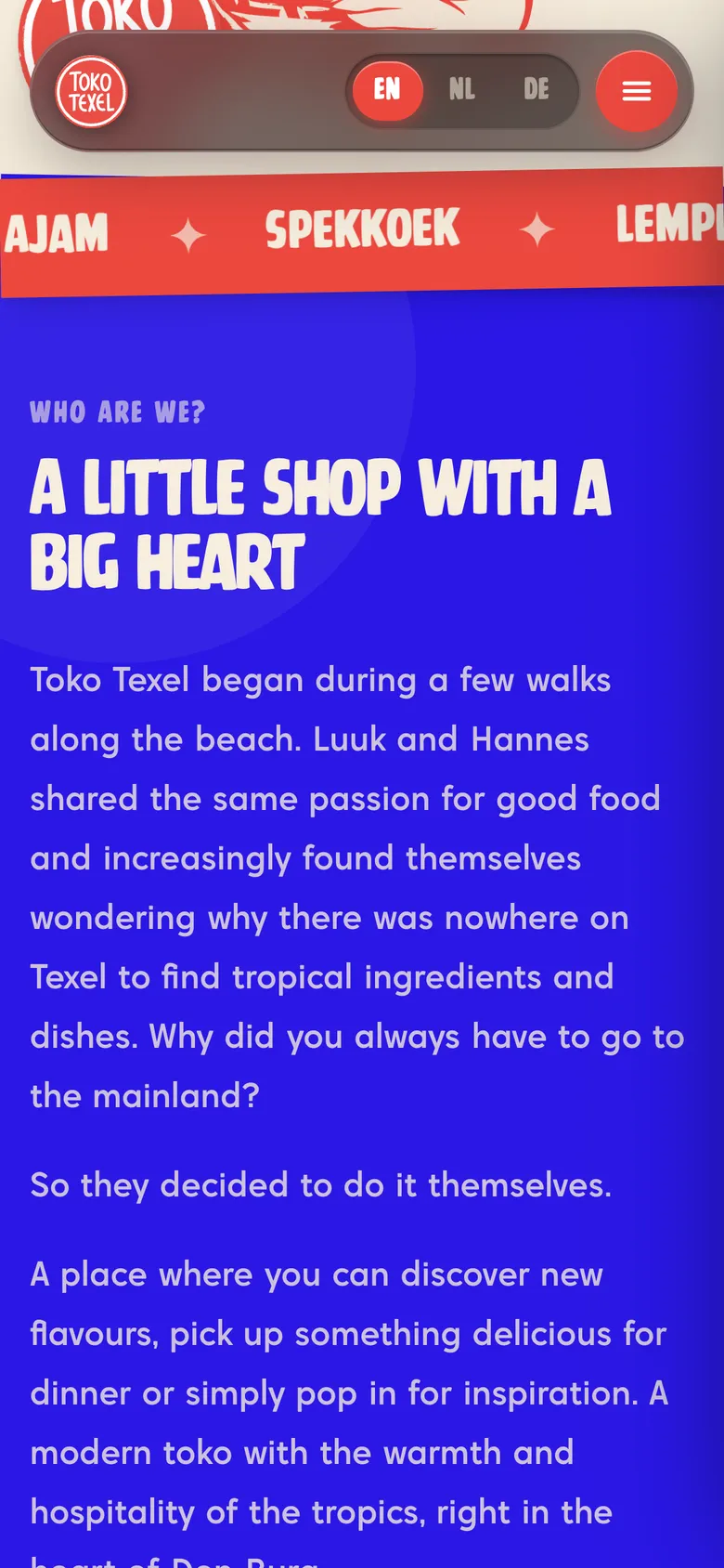 Mobile view of the Toko Texel website, screen 2