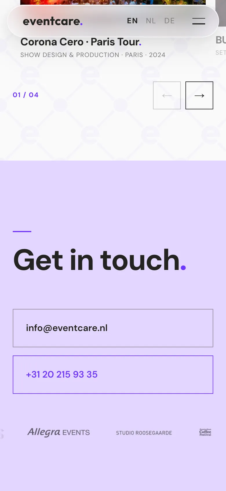 Mobile view of the Eventcare website, screen 3