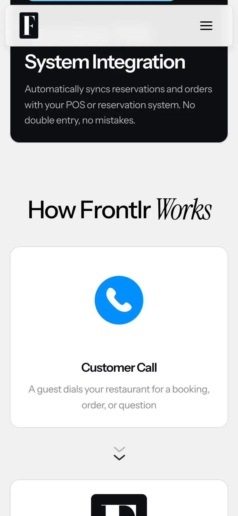Mobile view of the Frontlr website, screen 3