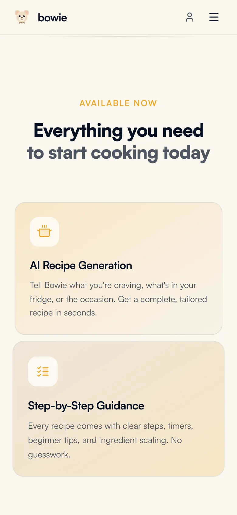 Mobile view of the Bowie website, screen 3