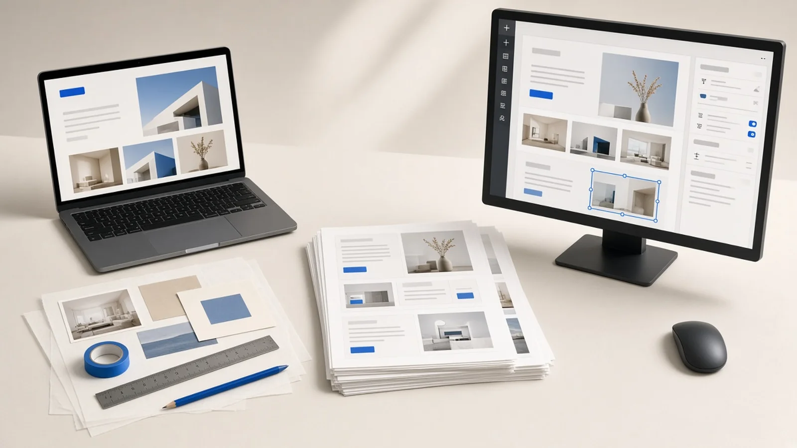 A desk with three real website-making routes: custom layouts and tools, stacked printed templates, and a page builder open on a monitor.