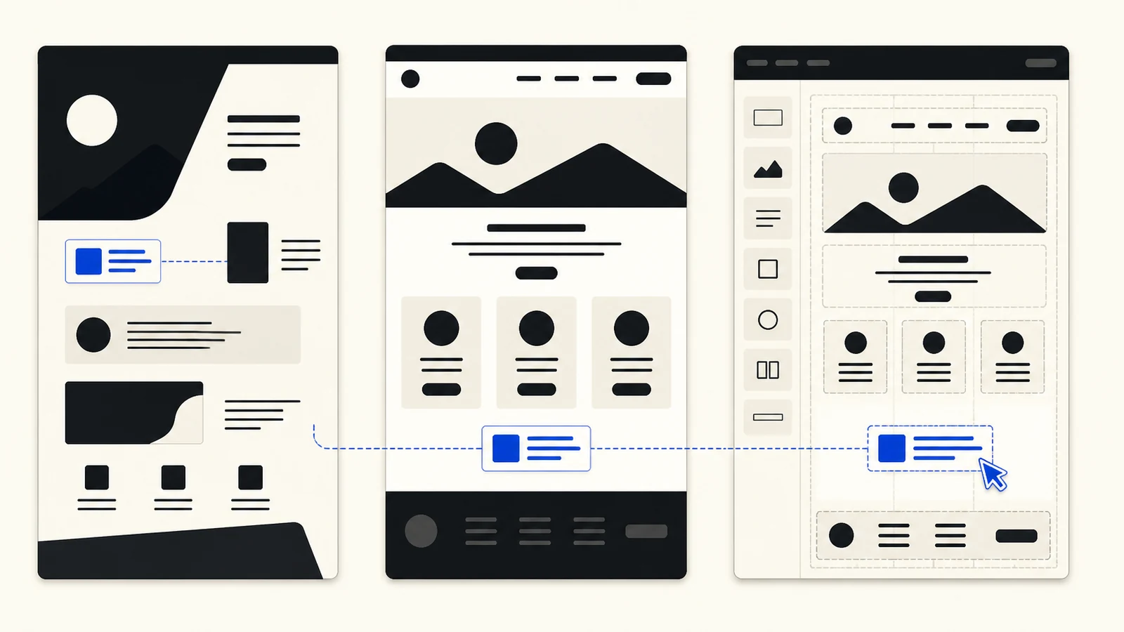Three website approaches side by side: a custom composition, a structured template and a drag-and-drop page builder.