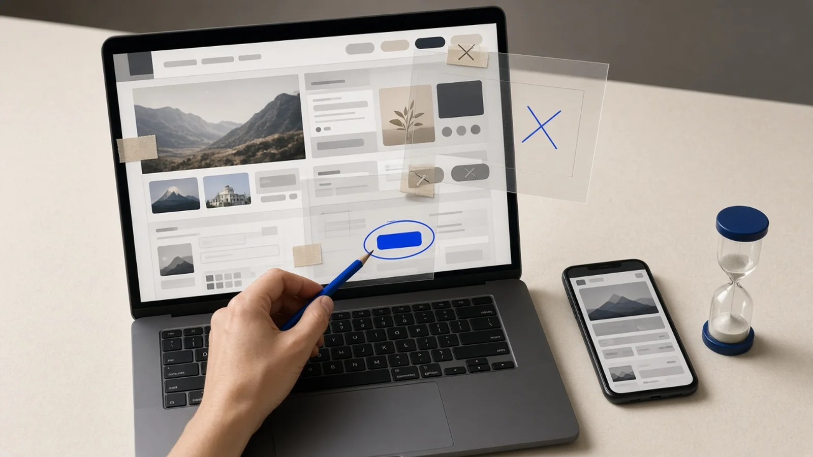 A hand marks one clear call-to-action on a crowded homepage displayed on a laptop, with the mobile version beside it.