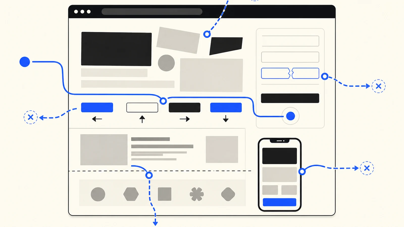 A visitor path leaking through an unclear hero, competing buttons, buried proof, mobile friction and a broken form on a business homepage.