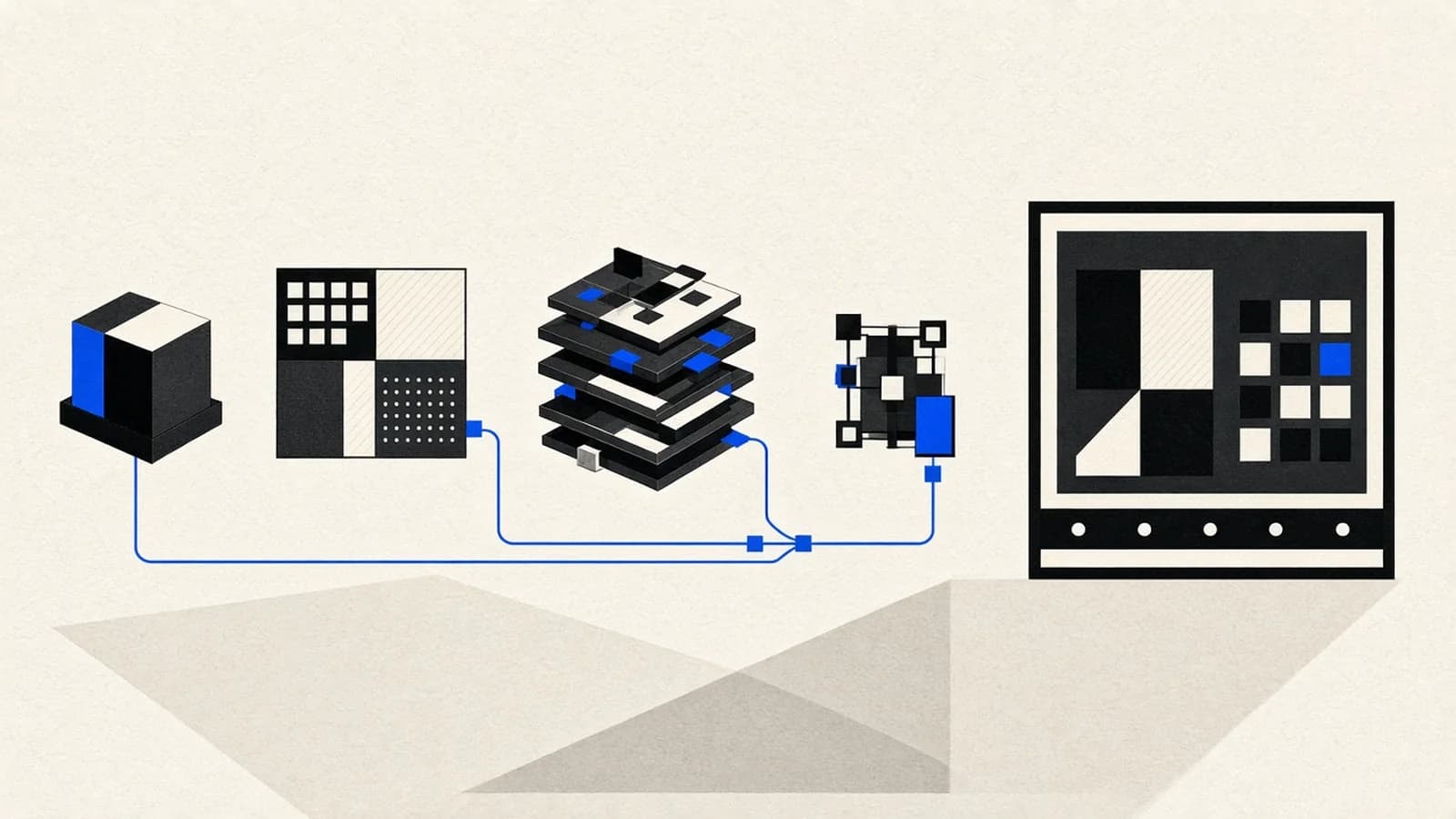 Four abstract web production models, from a solo maker to a layered agency and compact studio, connected to one finished website.
