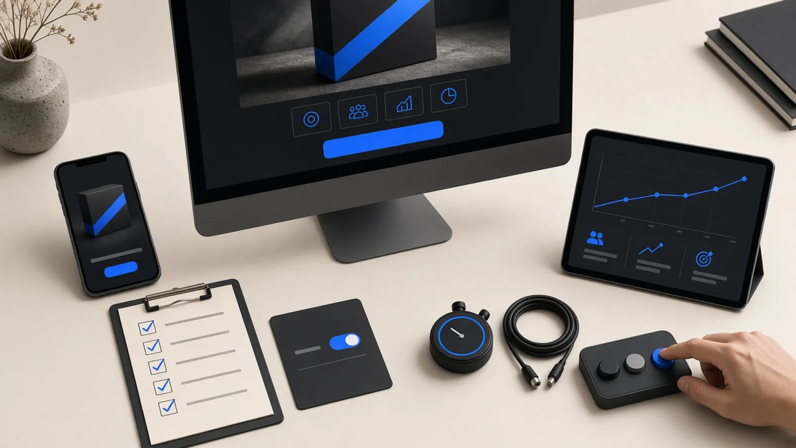 A landing page, matching mobile ad, measurement dashboard, consent check and launch control arranged on a campaign desk.