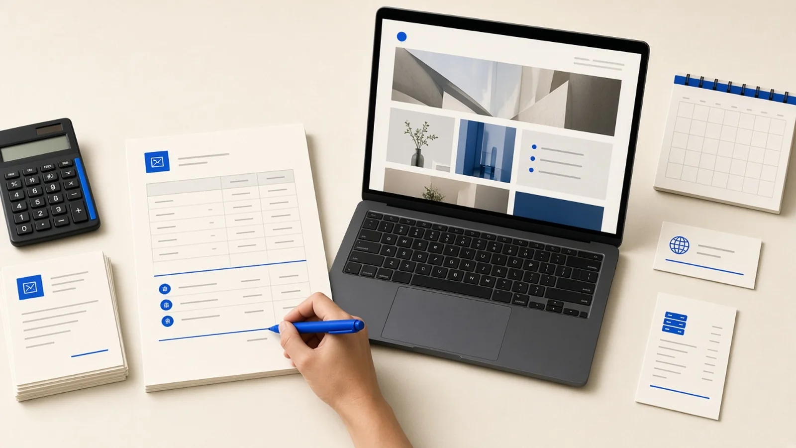 A laptop with a finished website beside a calculator, supplier quote, invoices, calendar and recurring hosting costs.